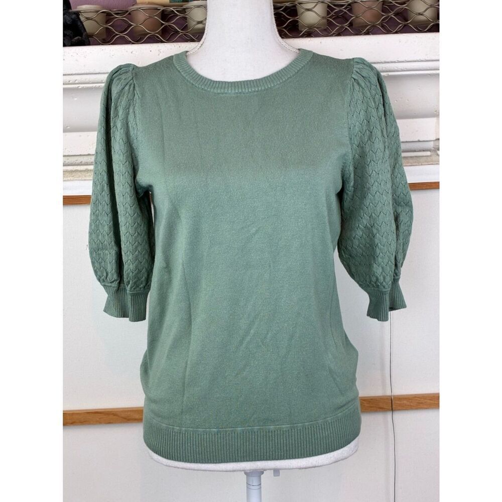 Marled Spring Puff Short Sleeve Knit Sweater - Sage Green